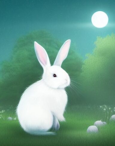A white rabbit sitting in the middle of a forest in a serene moment under the moonlight