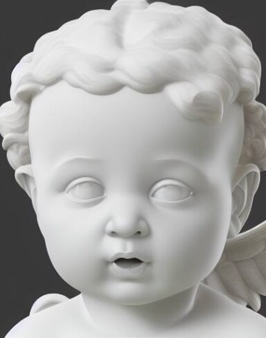 A white statue of an angel baby