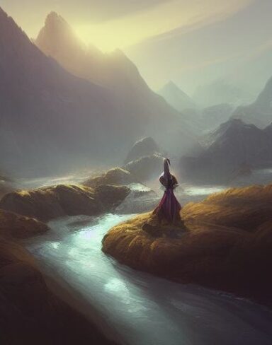 A woman standing near river with mountain