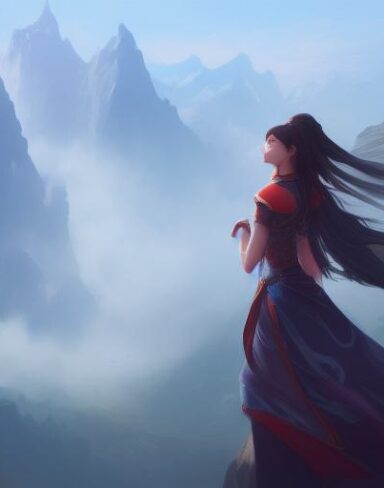 A woman standing on the top of mountain