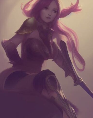 A woman that is sitting down with a sword