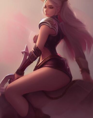 A woman that is sitting down with a sword