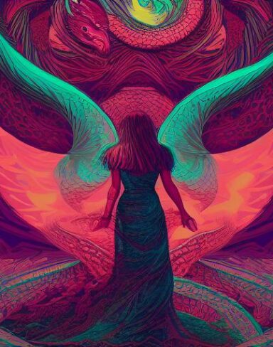 A woman that is standing near a dragon