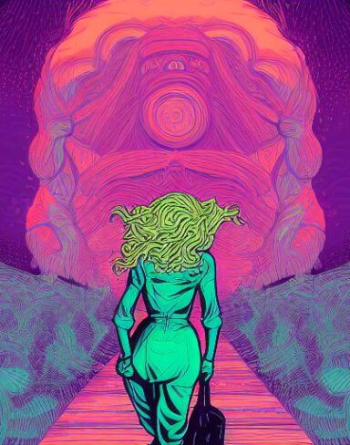 A woman that is walking with a monster