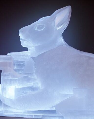 An ice sculpture of a rabbit made by ice