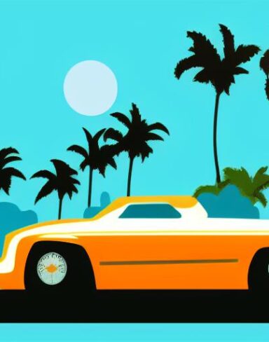 An orange car with palm trees