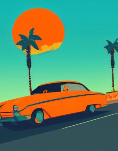 An orange car with the palm trees