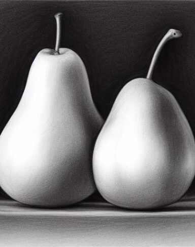 Art drawing of a pear and an apple on a table
