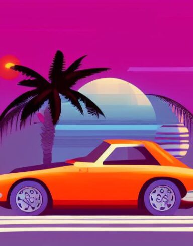 Art of an orange car with palm trees