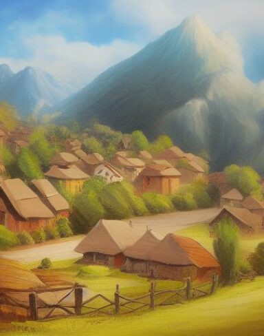 Art painting of a small village in the mountains