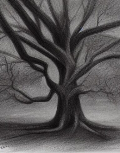Black and white charcoal drawing of the tree