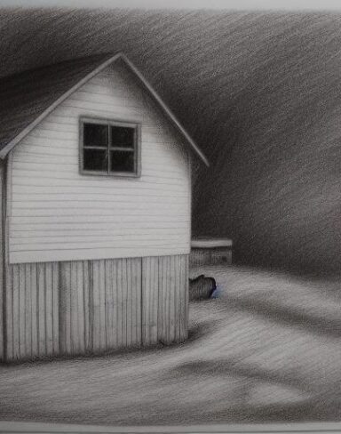 Black and white drawing of a cabin