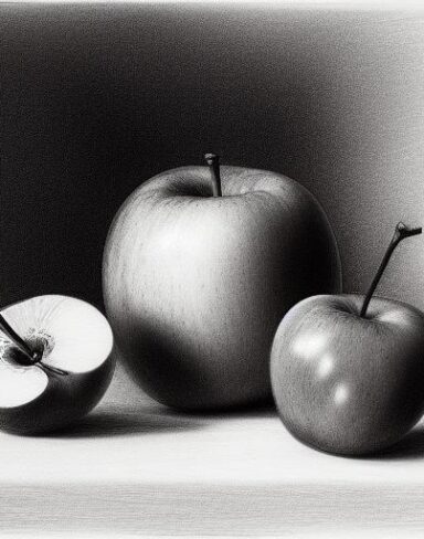 Black and white pencil drawing of a vase and apples on a table