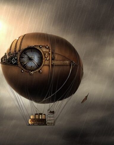 Detail steampunk art of a mechanical airship flying in the thunderstorm and raining