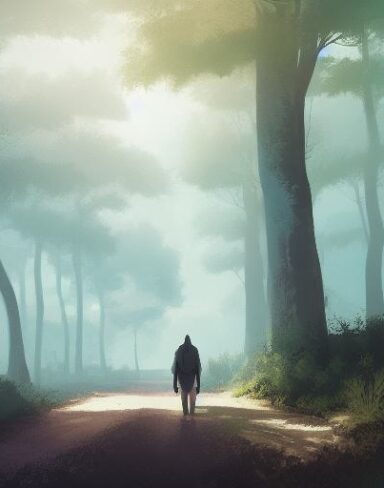 Digital art of a person walking through a forest