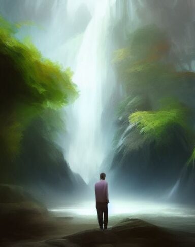Digital painting of man standing in front of a waterfall