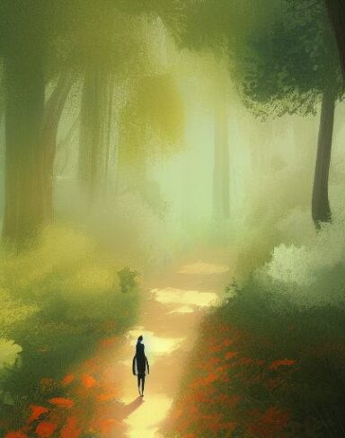 Joyful digital art of a person walking through a forest
