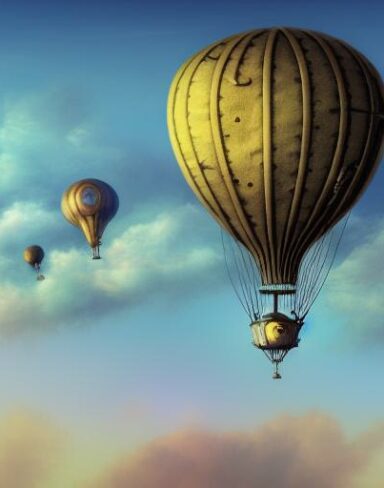 Melancholic detail steampunk art of a mechanical airship flying in the blue sky