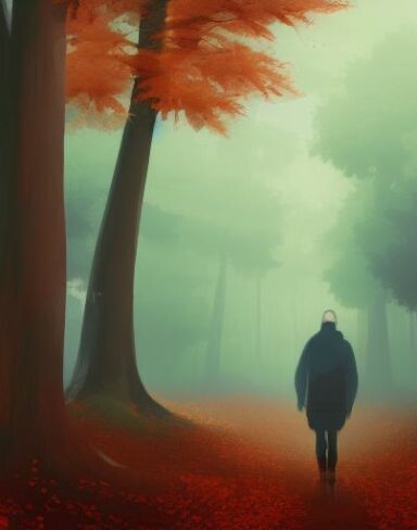 Melancholic digital art of a person walking through a forest