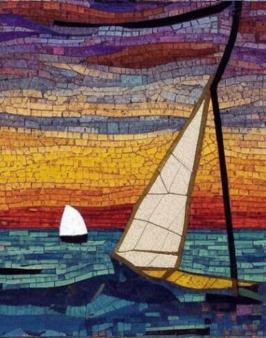 Mosaic of a sailboat on a body of water