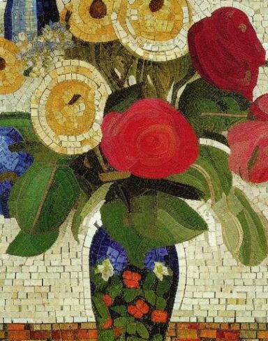 Mosaic of roses flowers in a vase inspired by Mikhail Vrubel