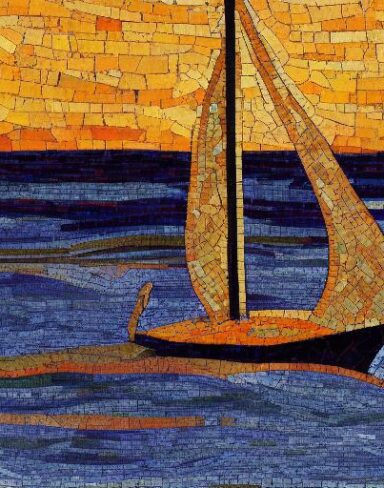 Painting of a sailboat on a body of water