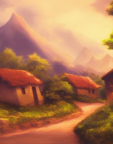 Painting of a small village in the mountains