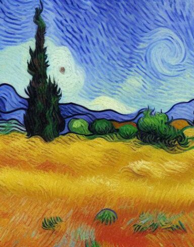 Painting of a wheatfield with cypress trees