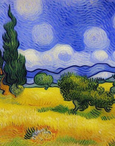 Painting of a wheatfield with cypress trees