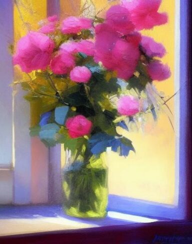 Painting of flowers in a vase on a window sill