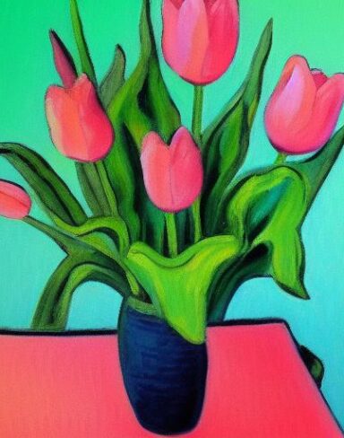 Painting of pink tulips in a vase