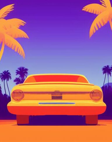 Painting of retro orange car with palm trees in the background