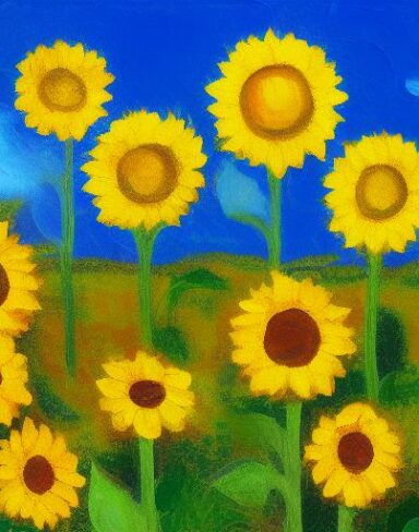 Painting of sunflowers in a field
