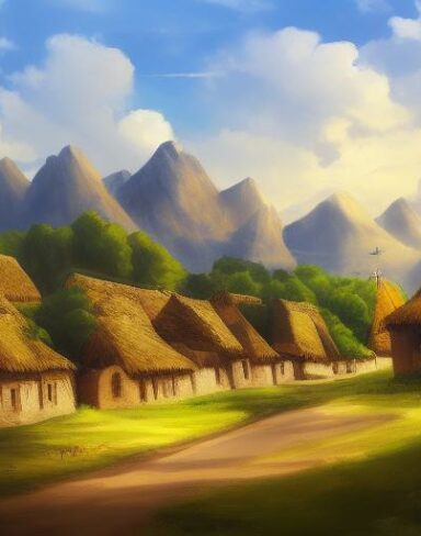 Painting of the village in the mountains