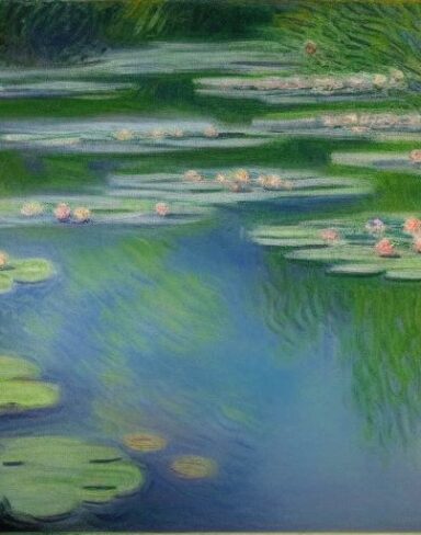Painting of water lilies in a pond of water