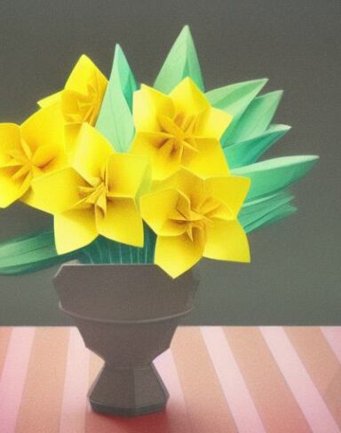 Paper flowers in a pot on a table