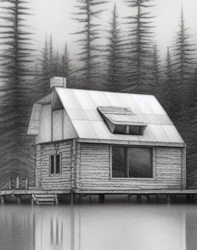 Pencil drawing of a cabin near a lake