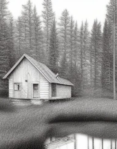 Pencil drawing of a cabin near a lake