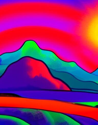 Psychedelic art of a colorful landscape with mountains