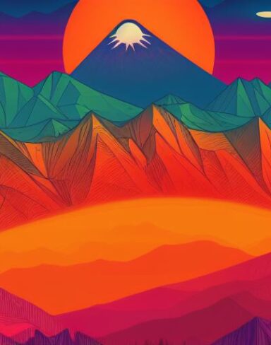 Psychedelic color poster with mountains in the background