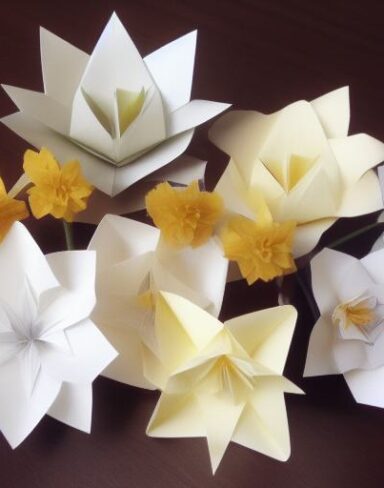 Several paper flowers in a pot on the table