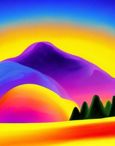 The art painting of the colorful landscape with mountains and trees