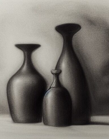 The black and white charcoal drawing of two vases and a bottle