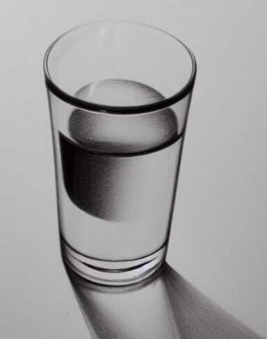 The black and white drawing of a glass of water on a table