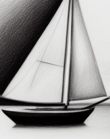 The black and white drawing of a sailboat in the water