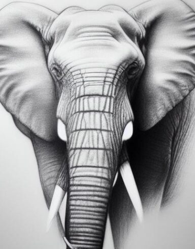 The black and white drawing of an elephant
