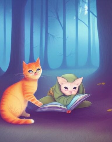 The cat reading a book in the forest