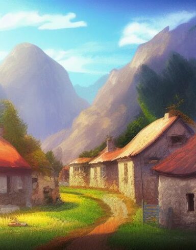 The digital painting of a small village in the mountains