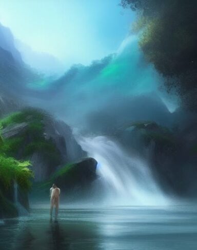 The digital painting of man standing in front of a waterfall