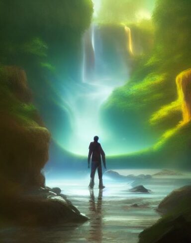 The digital painting of man standing in front of a waterfall